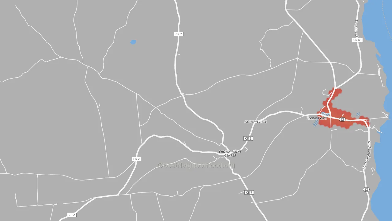 Walk Grade map of Crown Point Center, NY, walkable areas in green and car-dependent areas in red