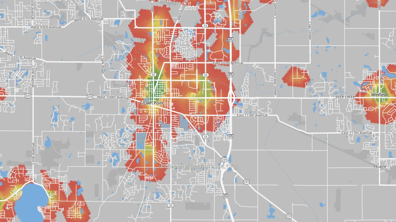 Walk Grade map of Crown Point, IN, walkable areas in green and car-dependent areas in red
