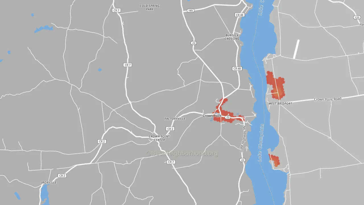 Walk Grade map of Crown Point, NY, walkable areas in green and car-dependent areas in red