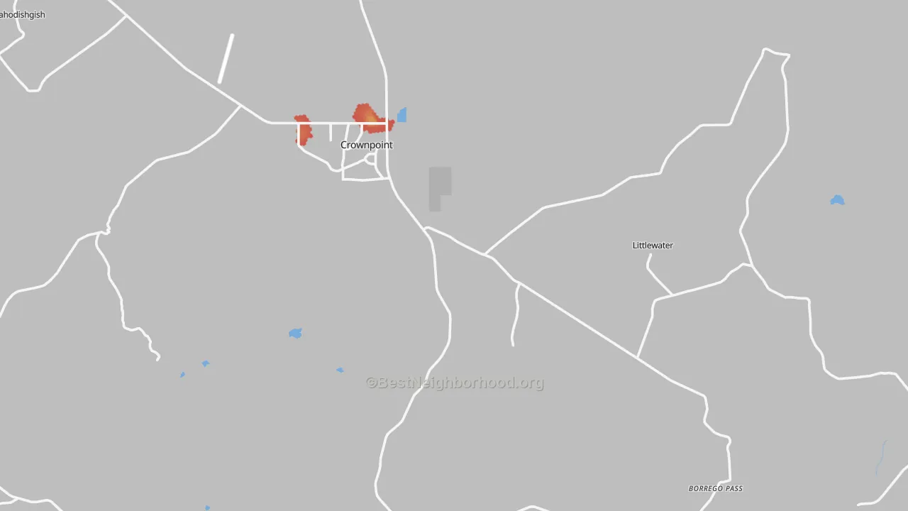 Walk Grade map of Crownpoint, NM, walkable areas in green and car-dependent areas in red