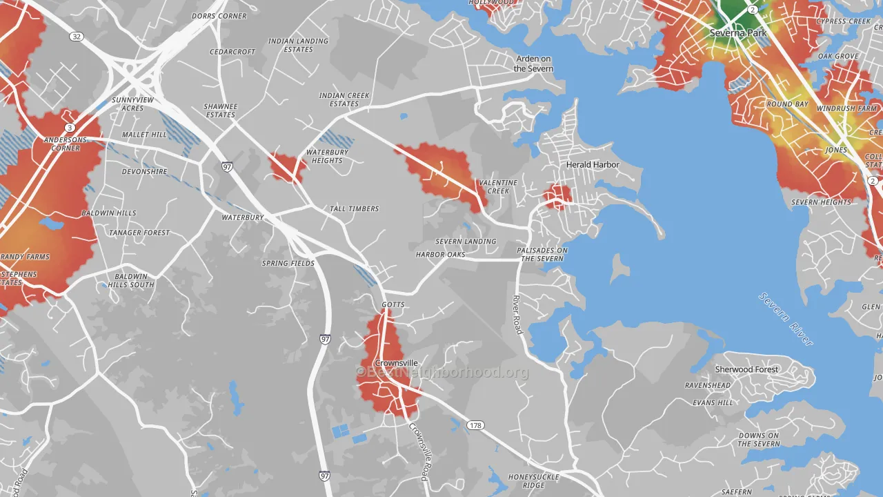 Walk Grade map of Crownsville, MD, walkable areas in green and car-dependent areas in red