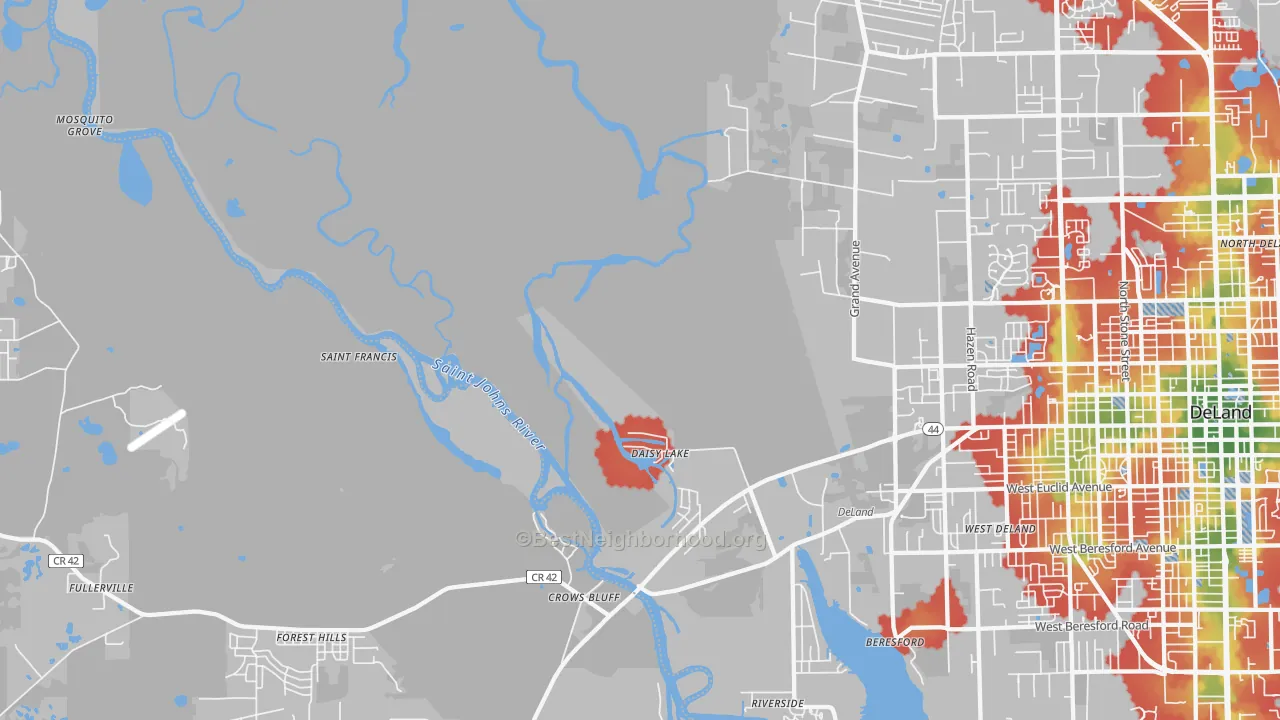 Walk Grade map of Crows Bluff, FL, walkable areas in green and car-dependent areas in red