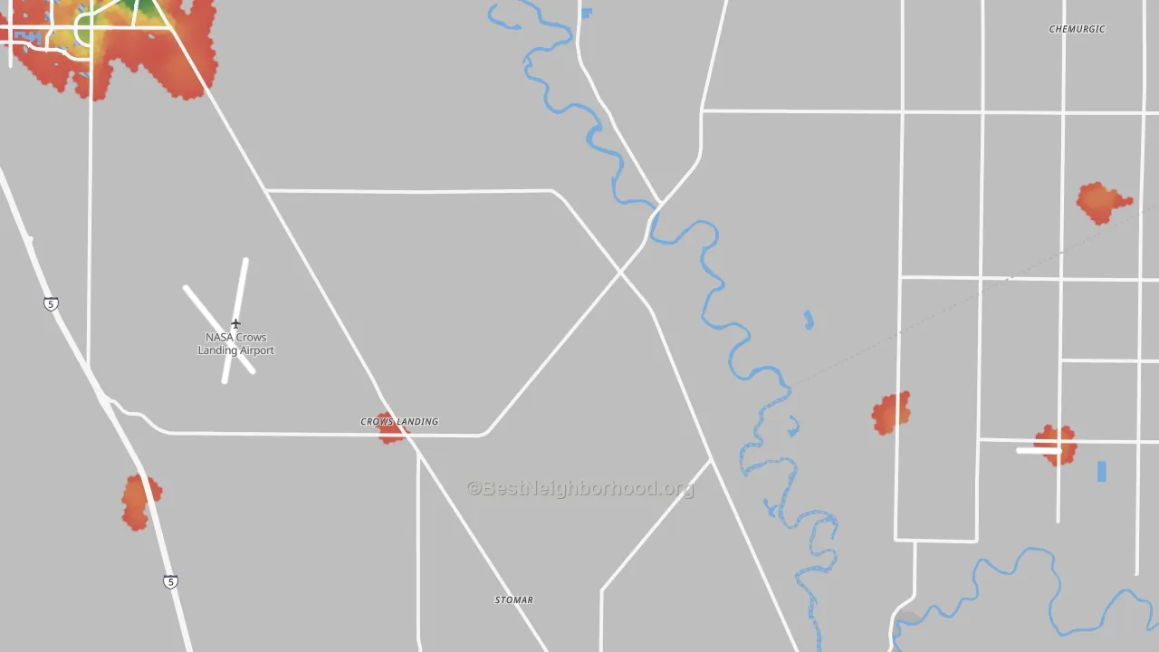 Walk Grade map of Crows Landing, CA, walkable areas in green and car-dependent areas in red