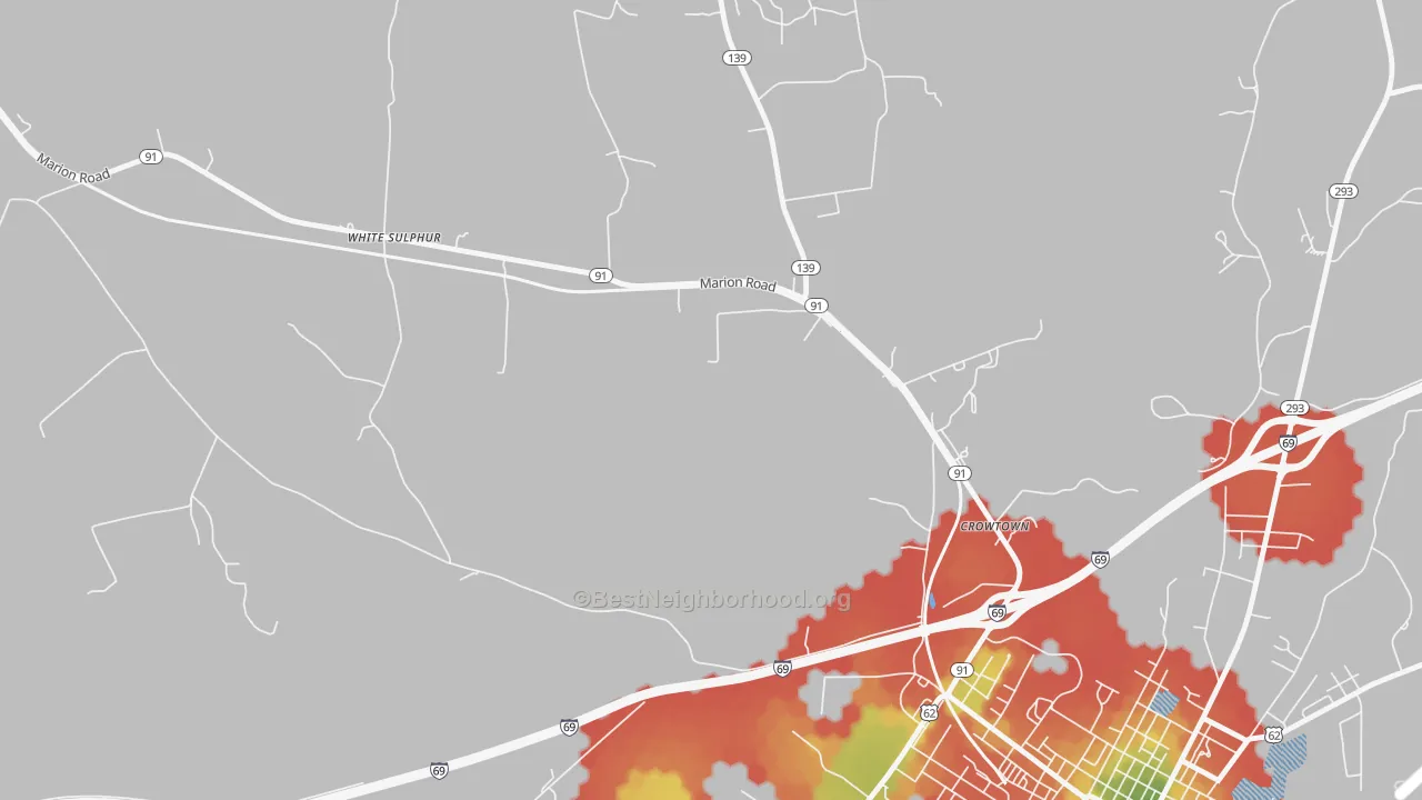 Walk Grade map of Crowtown, KY, walkable areas in green and car-dependent areas in red