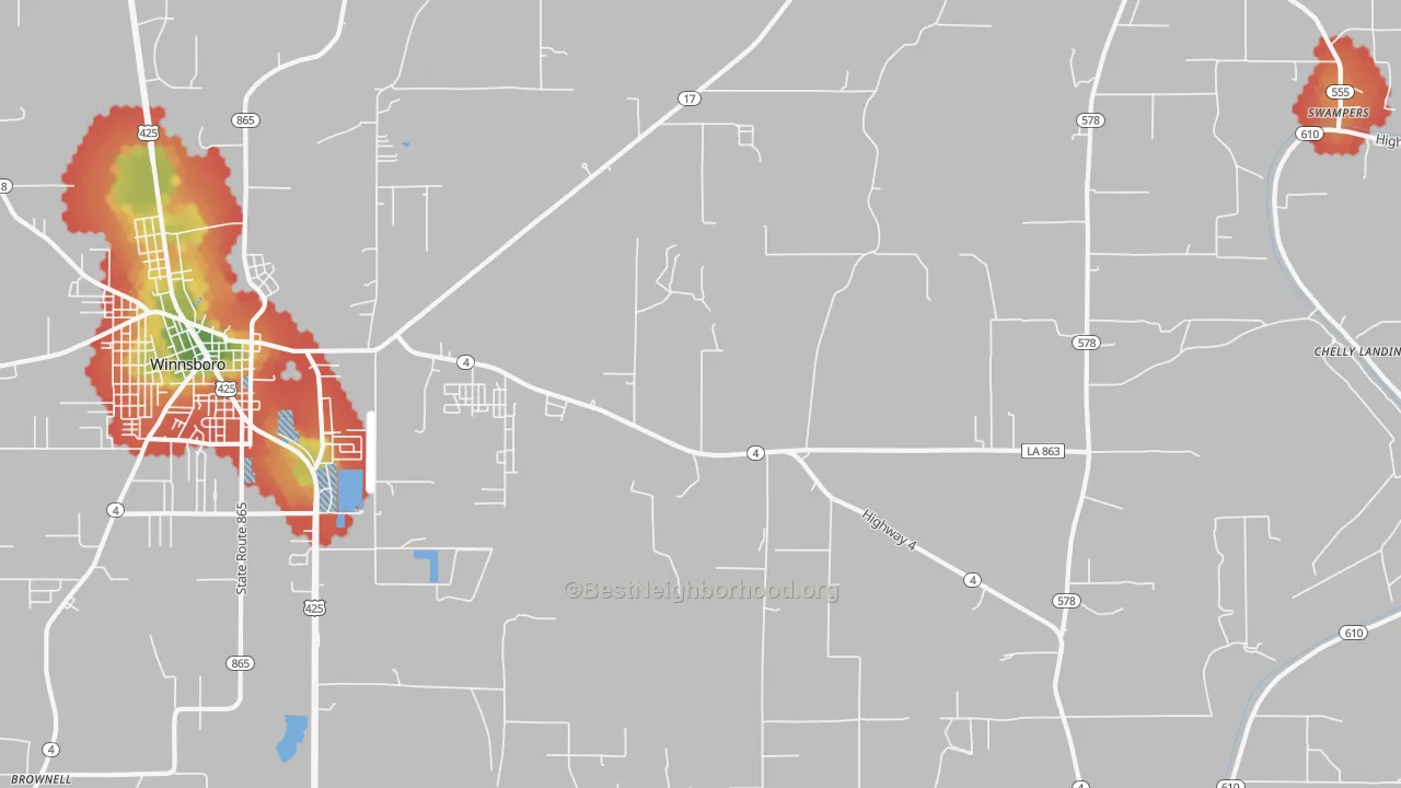 Walk Grade map of Crowville, LA, walkable areas in green and car-dependent areas in red