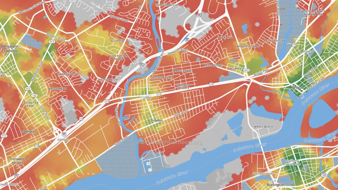 Walk Grade map of Croydon, PA, walkable areas in green and car-dependent areas in red
