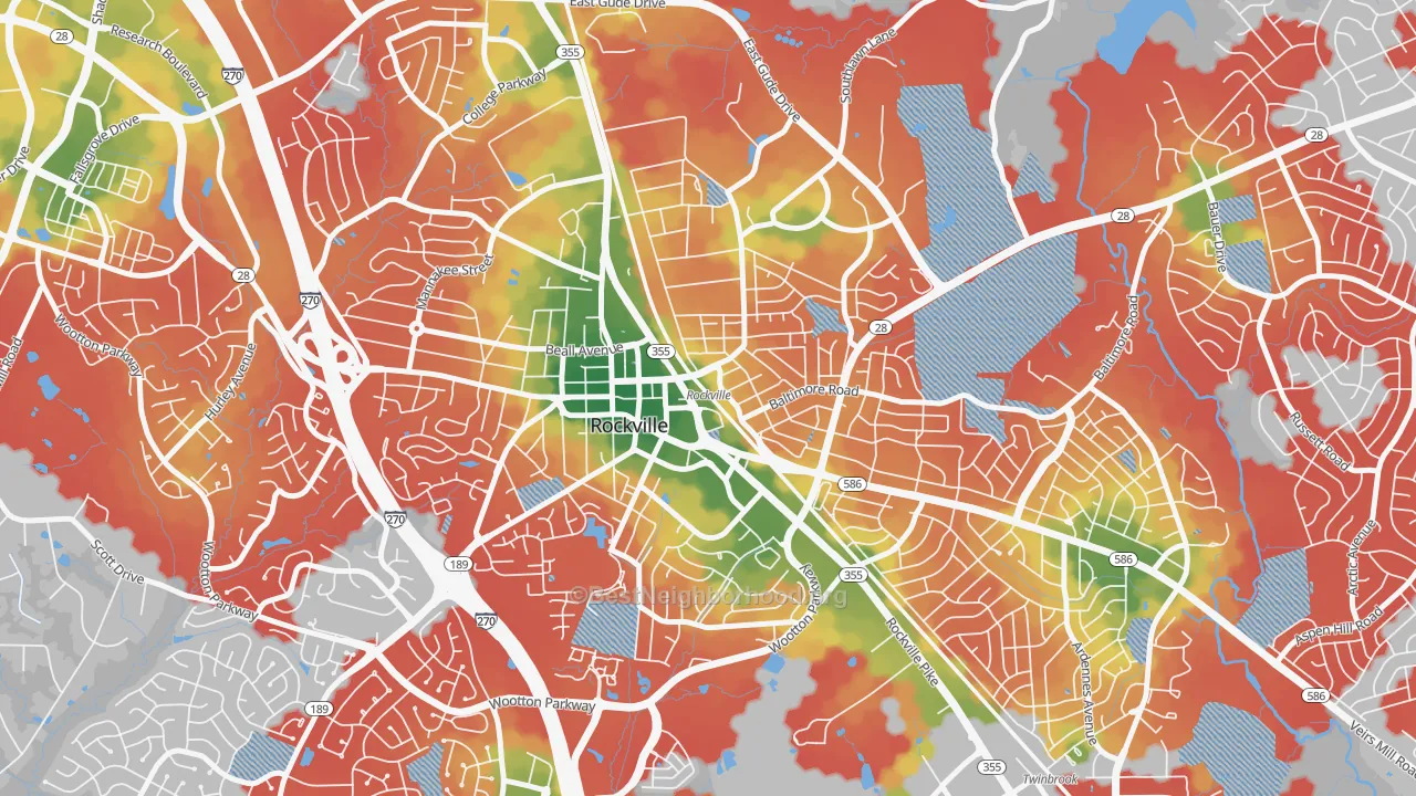 Walk Grade map of Croydon Park, Rockville, MD, walkable areas in green and car-dependent areas in red
