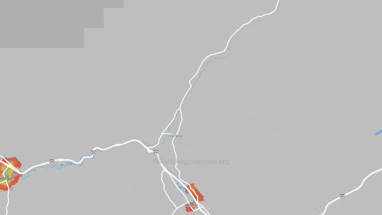 Walk Grade map of Croydon, UT, walkable areas in green and car-dependent areas in red