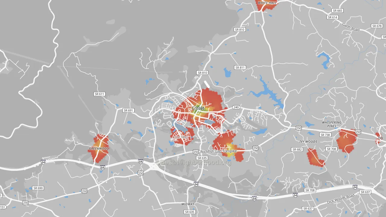 Walk Grade map of Crozet, VA, walkable areas in green and car-dependent areas in red