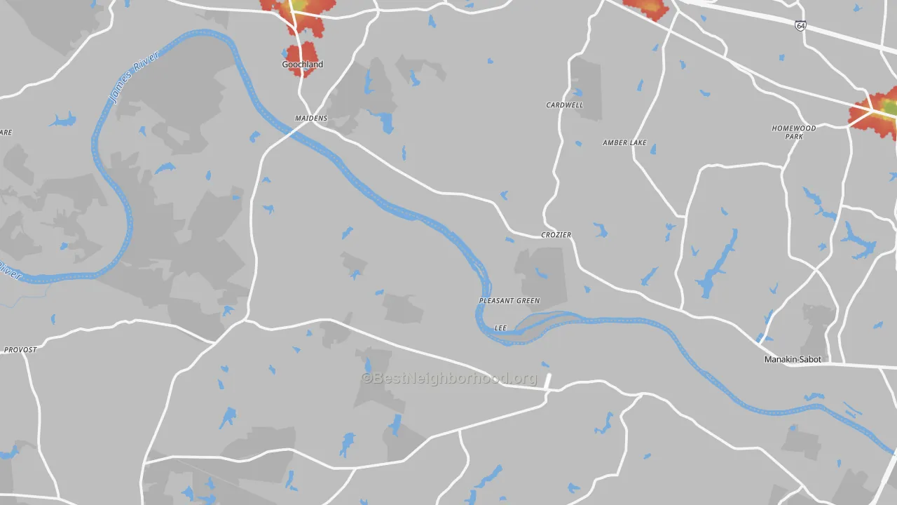 Walk Grade map of Crozier, VA, walkable areas in green and car-dependent areas in red