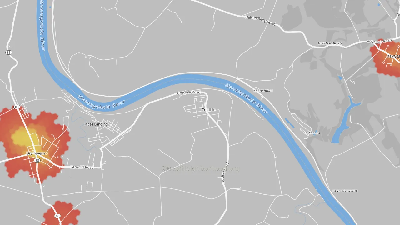 Walk Grade map of Crucible, PA, walkable areas in green and car-dependent areas in red