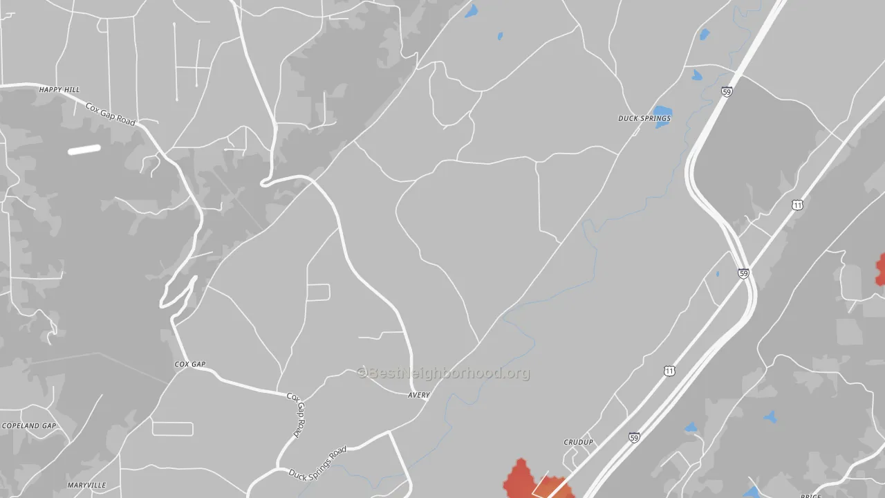 Walk Grade map of Crudup, AL, walkable areas in green and car-dependent areas in red