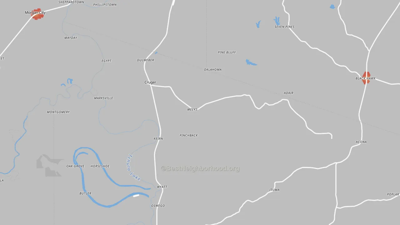 Walk Grade map of Cruger, MS, walkable areas in green and car-dependent areas in red