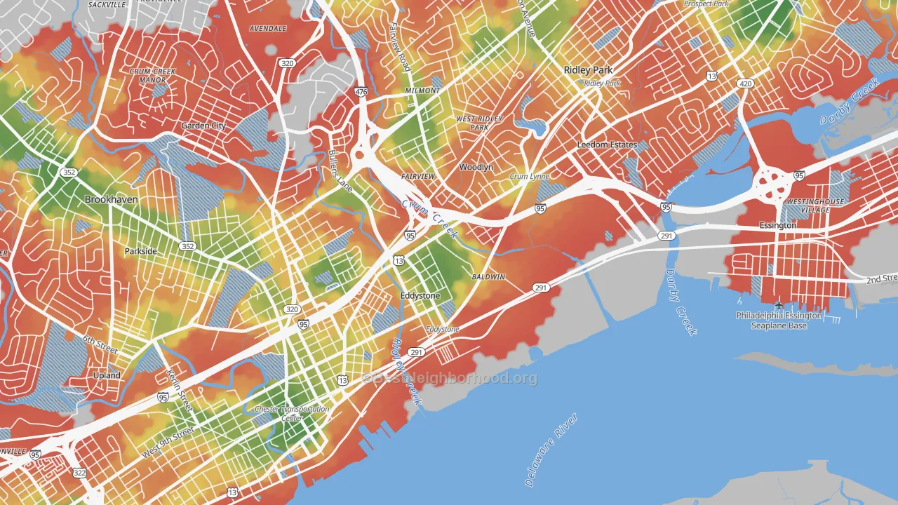 Walk Grade map of Crum Lynne, PA, walkable areas in green and car-dependent areas in red