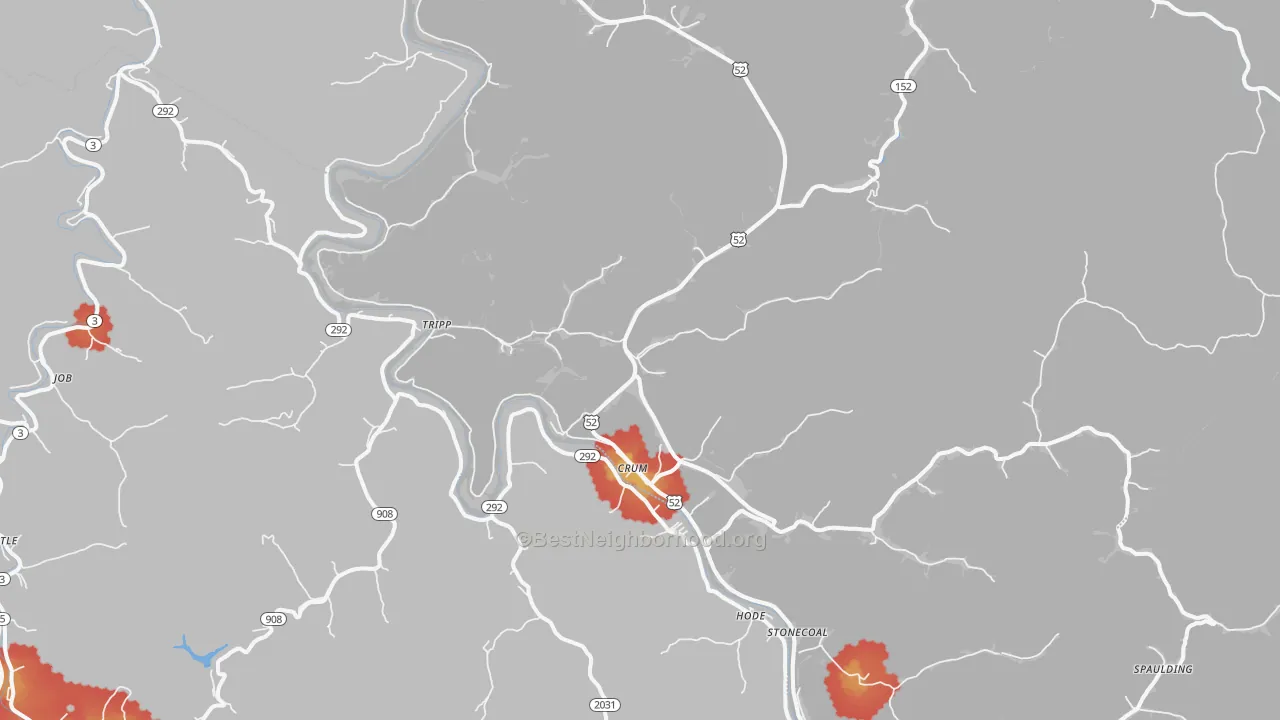 Walk Grade map of Crum, WV, walkable areas in green and car-dependent areas in red