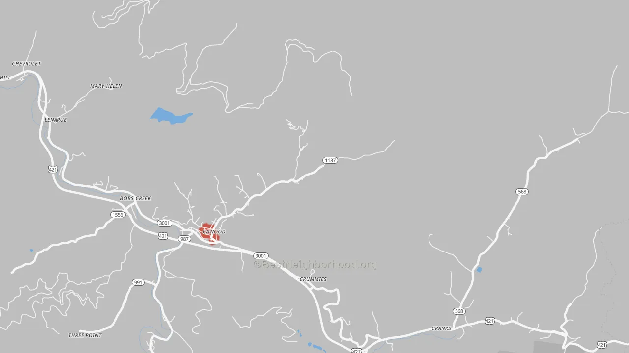 Walk Grade map of Crummies, KY, walkable areas in green and car-dependent areas in red