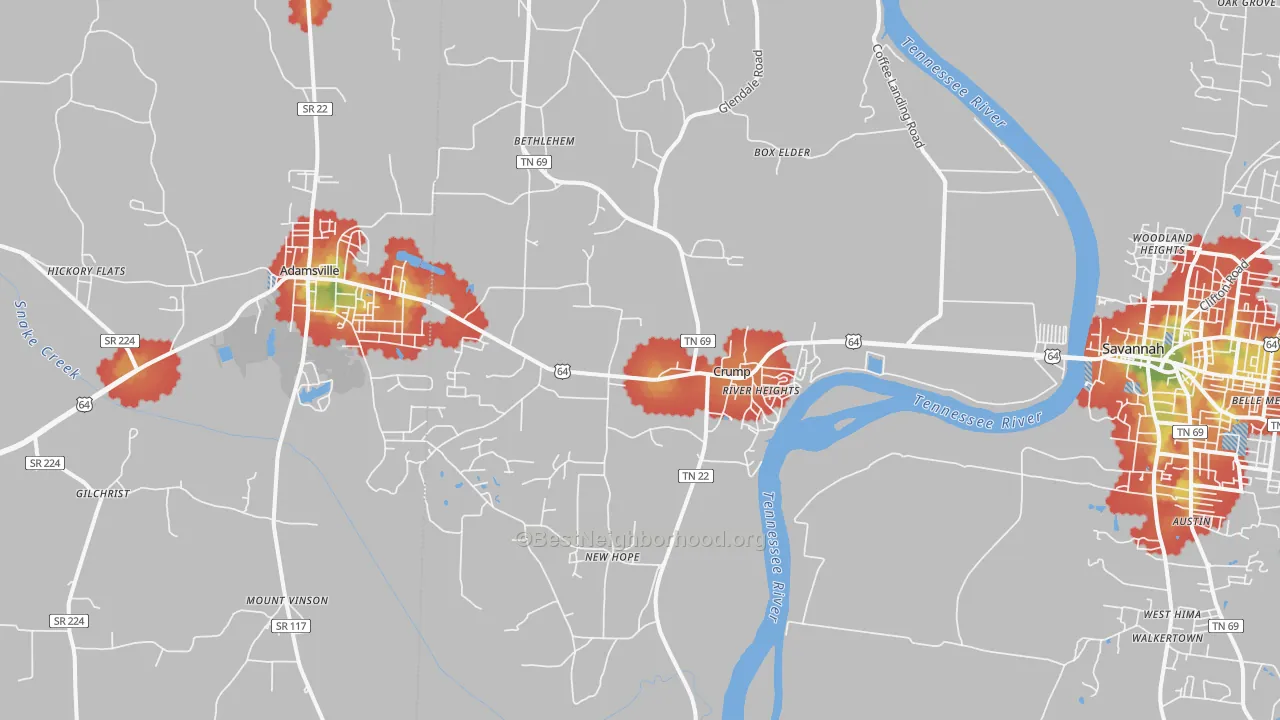 Walk Grade map of Crump, TN, walkable areas in green and car-dependent areas in red
