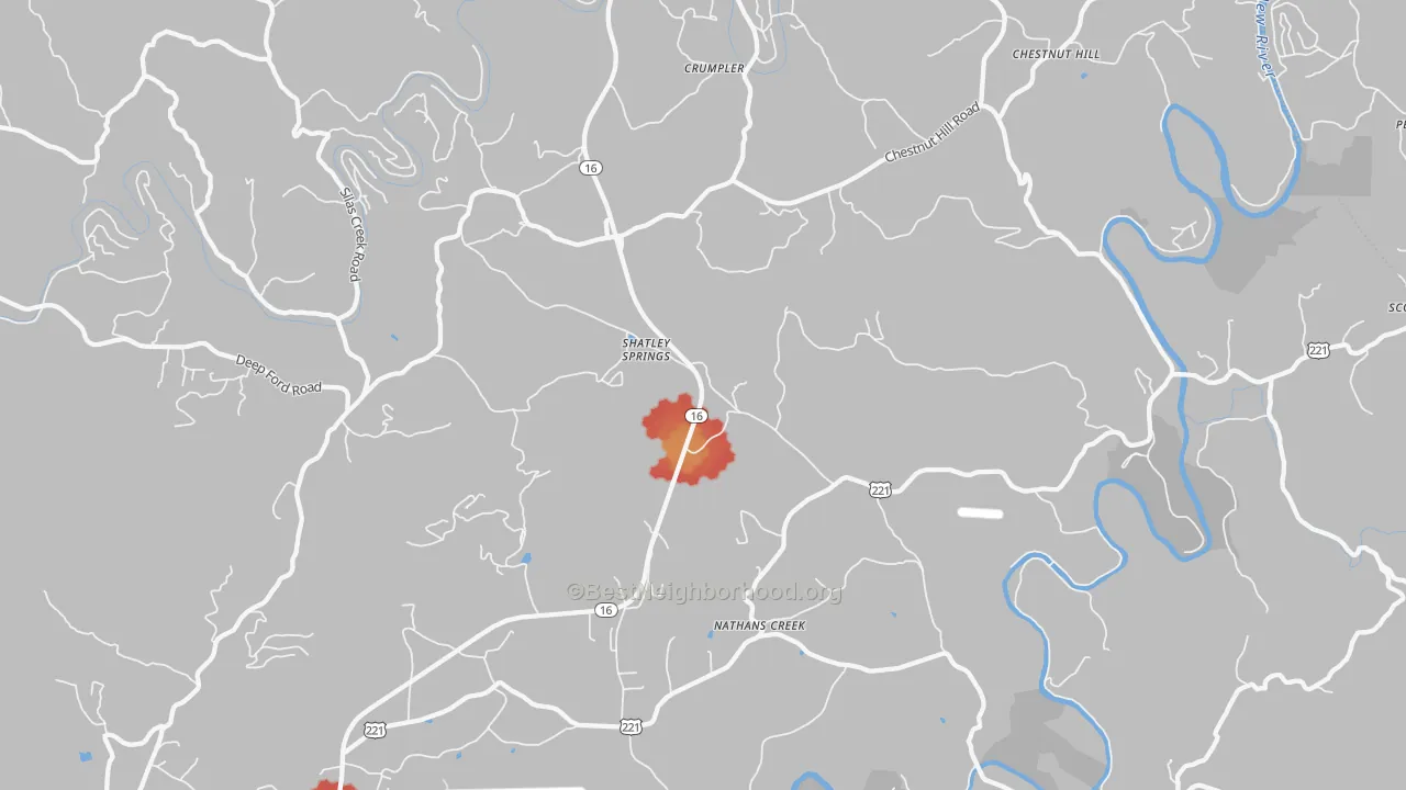 Walk Grade map of Crumpler, NC, walkable areas in green and car-dependent areas in red