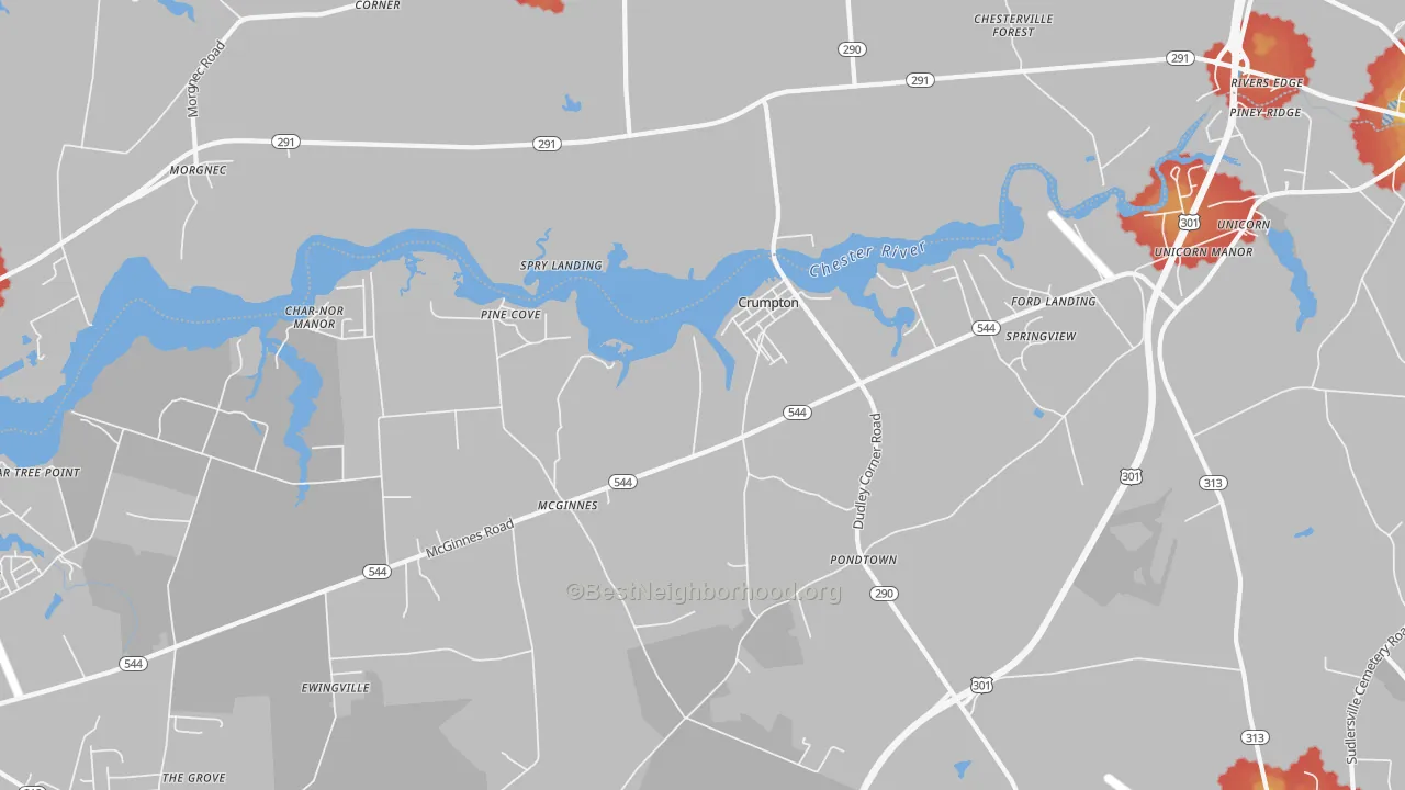 Walk Grade map of Crumpton, MD, walkable areas in green and car-dependent areas in red