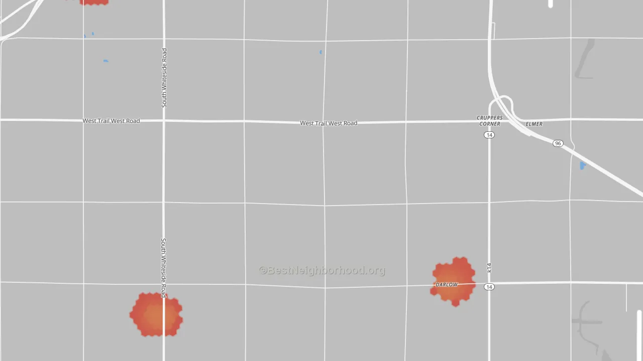 Walk Grade map of Cruppers Corner, KS, walkable areas in green and car-dependent areas in red