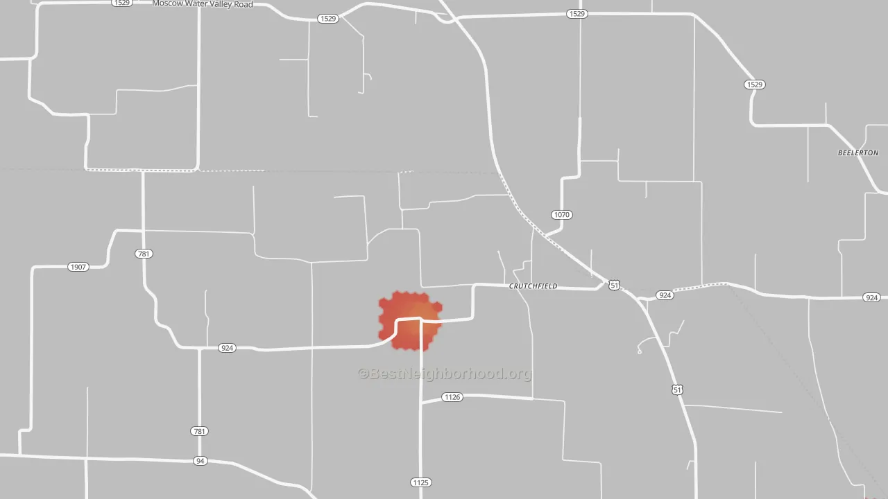 Walk Grade map of Crutchfield, KY, walkable areas in green and car-dependent areas in red