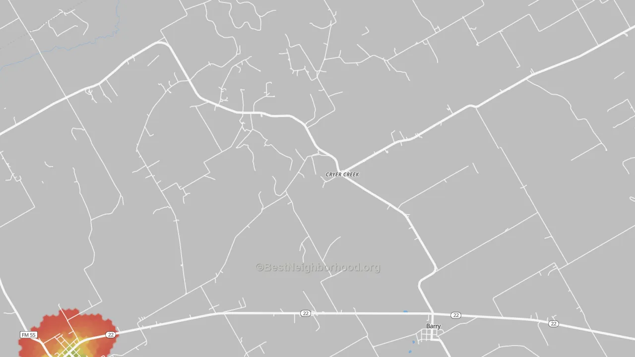 Walk Grade map of Cryer Creek, TX, walkable areas in green and car-dependent areas in red