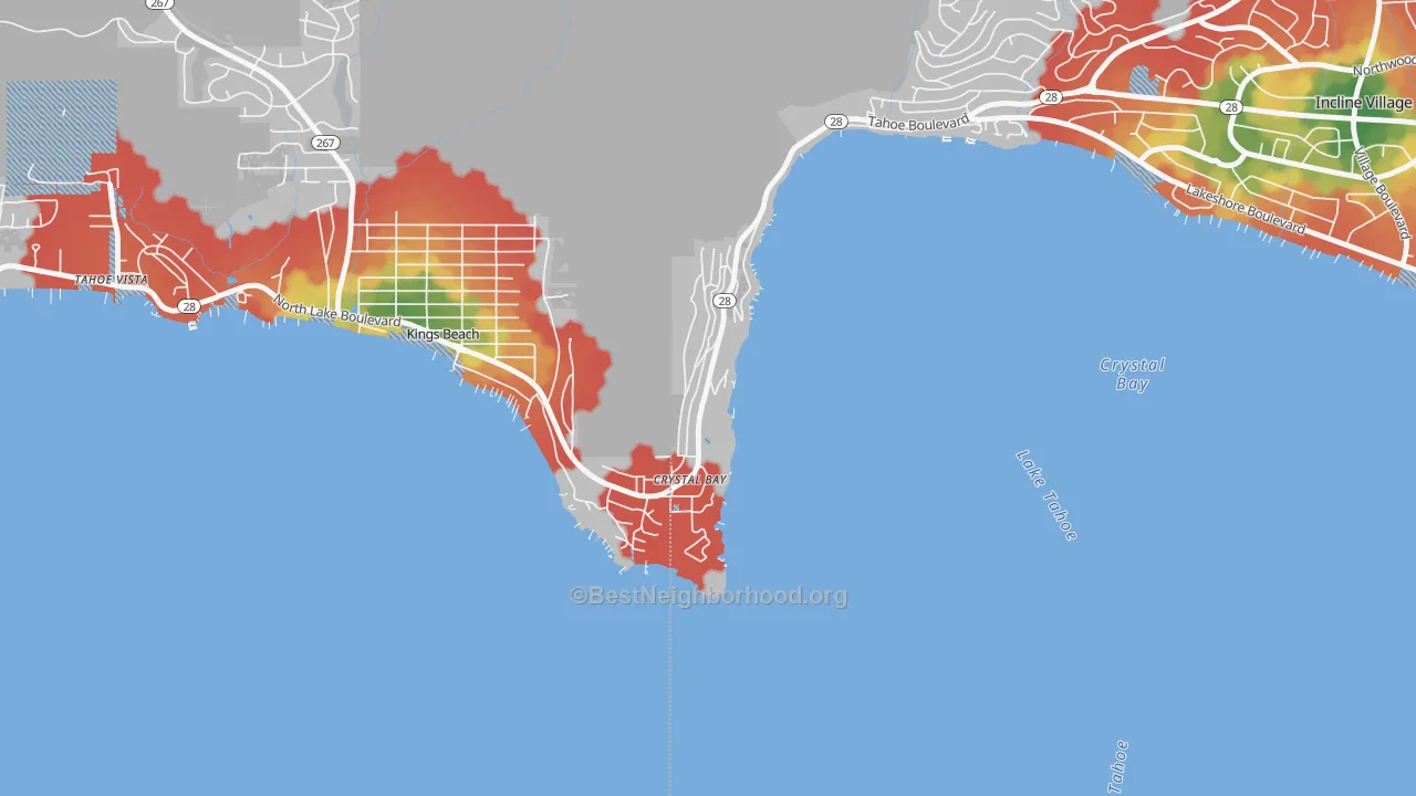 Walk Grade map of Crystal Bay, NV, walkable areas in green and car-dependent areas in red