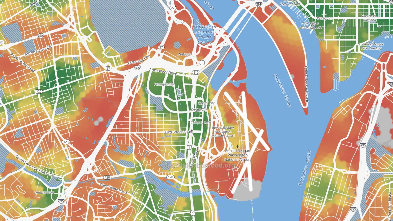Walk Grade map of Crystal City, Arlington, VA, walkable areas in green and car-dependent areas in red
