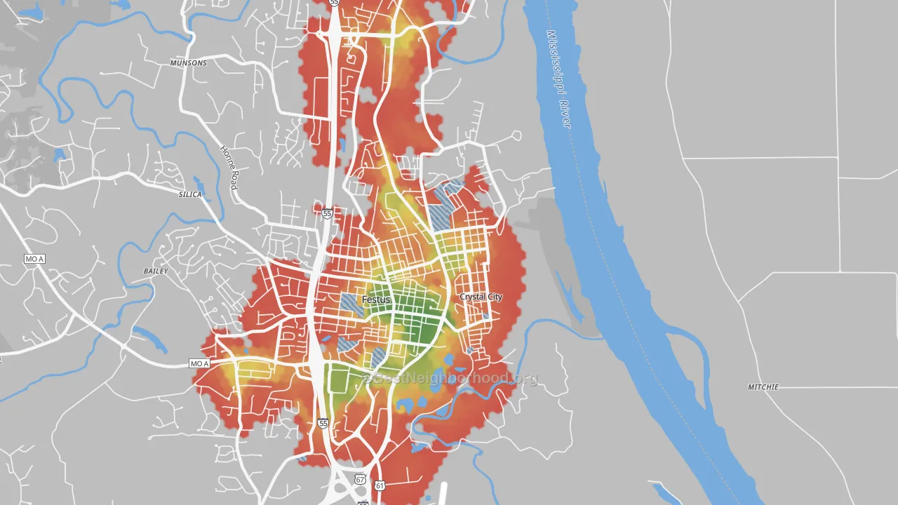 Walk Grade map of Crystal City, MO, walkable areas in green and car-dependent areas in red