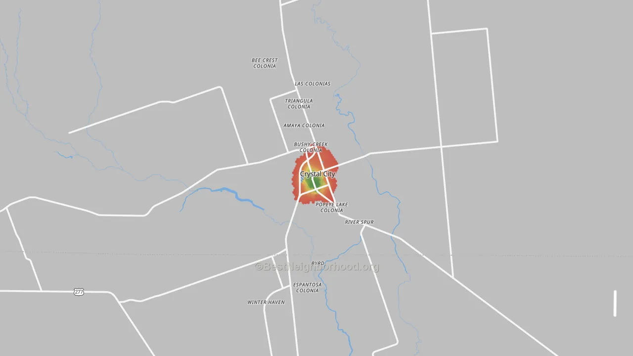 Walk Grade map of Crystal City, TX, walkable areas in green and car-dependent areas in red