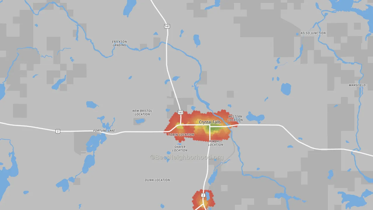 Walk Grade map of Crystal Falls, MI, walkable areas in green and car-dependent areas in red