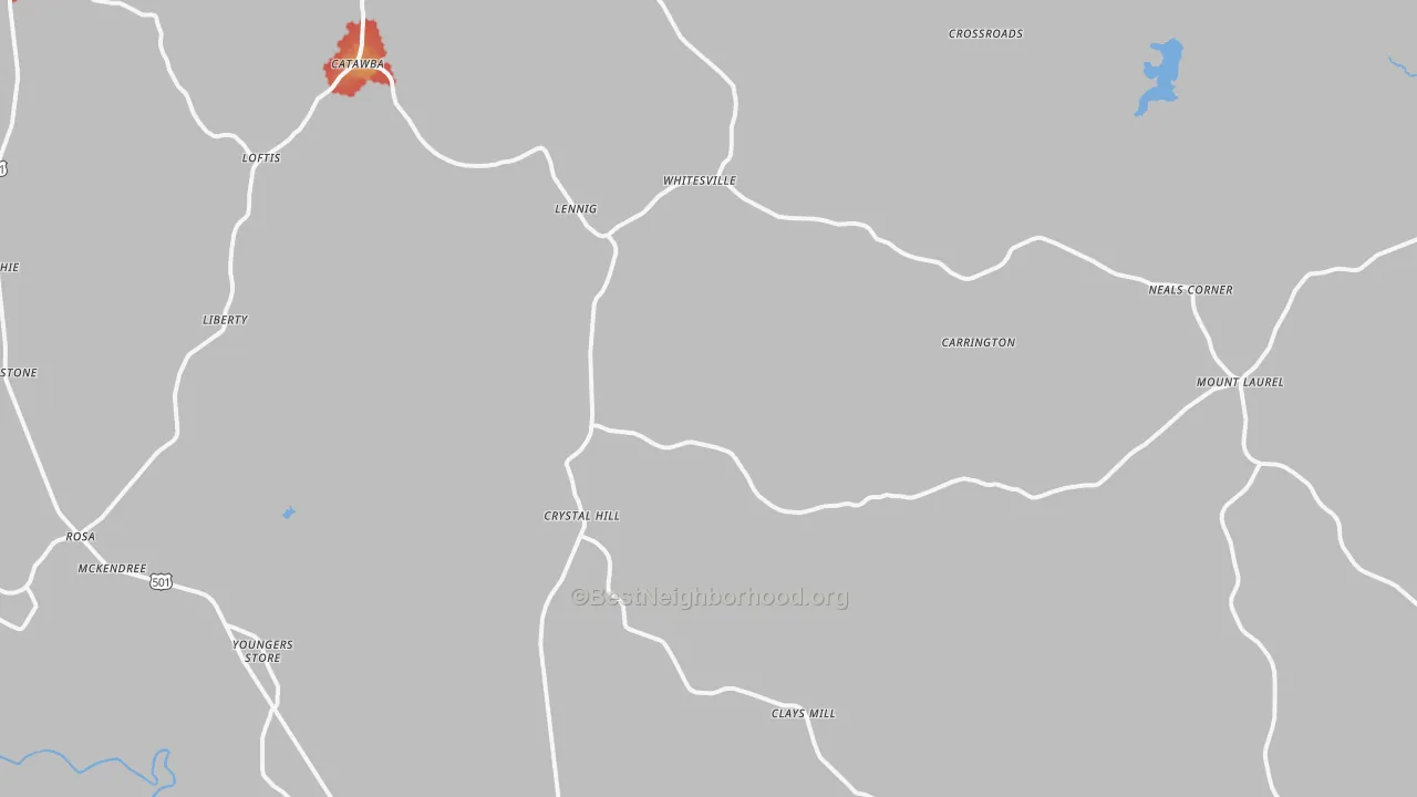 Walk Grade map of Crystal Hill, VA, walkable areas in green and car-dependent areas in red
