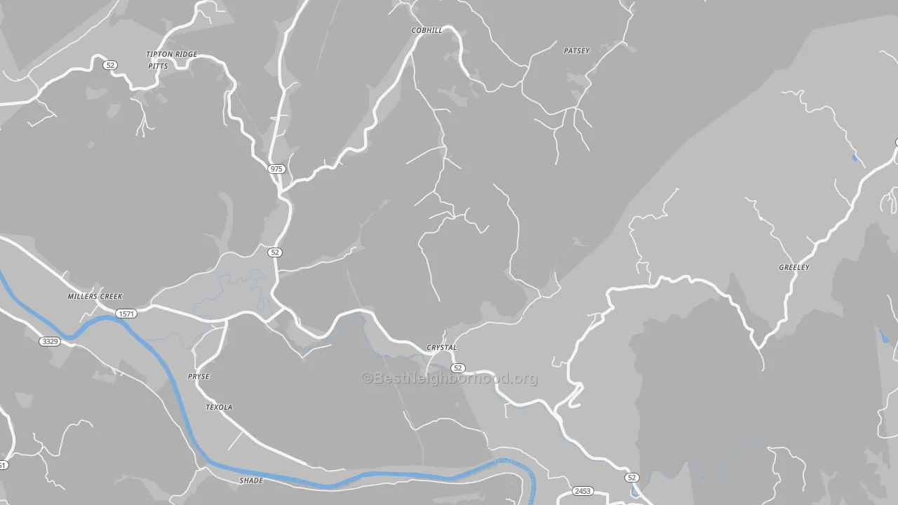 Walk Grade map of Crystal, KY, walkable areas in green and car-dependent areas in red