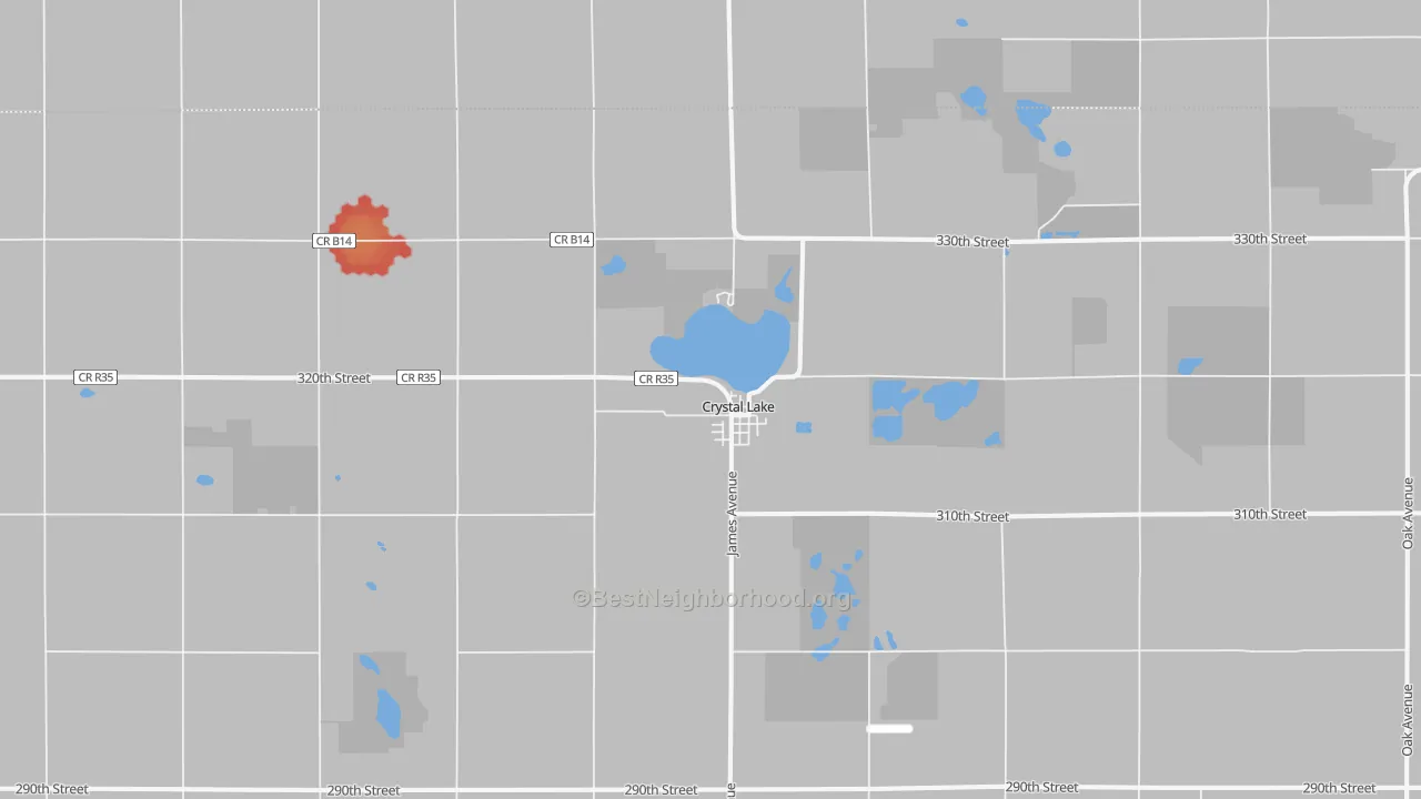 Walk Grade map of Crystal Lake, IA, walkable areas in green and car-dependent areas in red