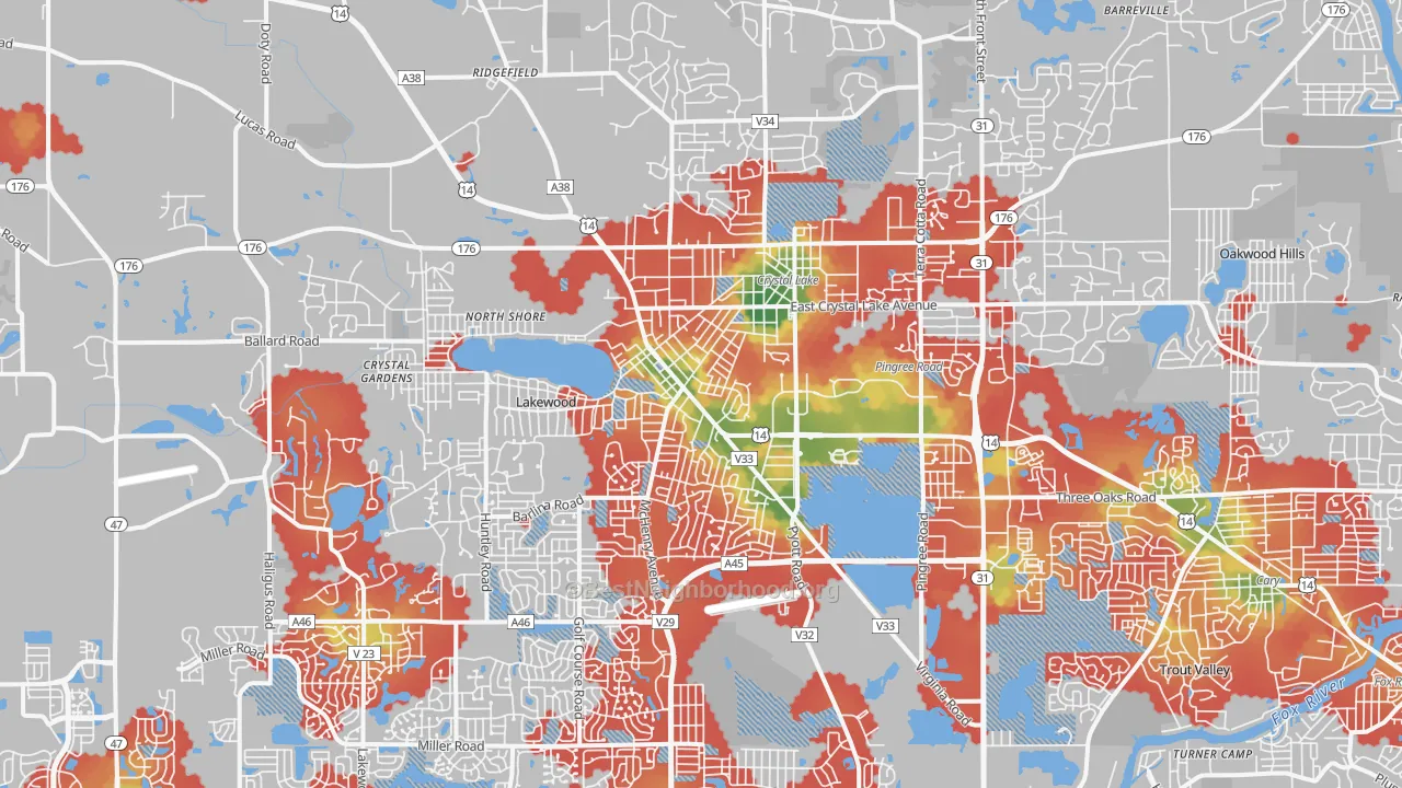 Walk Grade map of Crystal Lake, IL, walkable areas in green and car-dependent areas in red