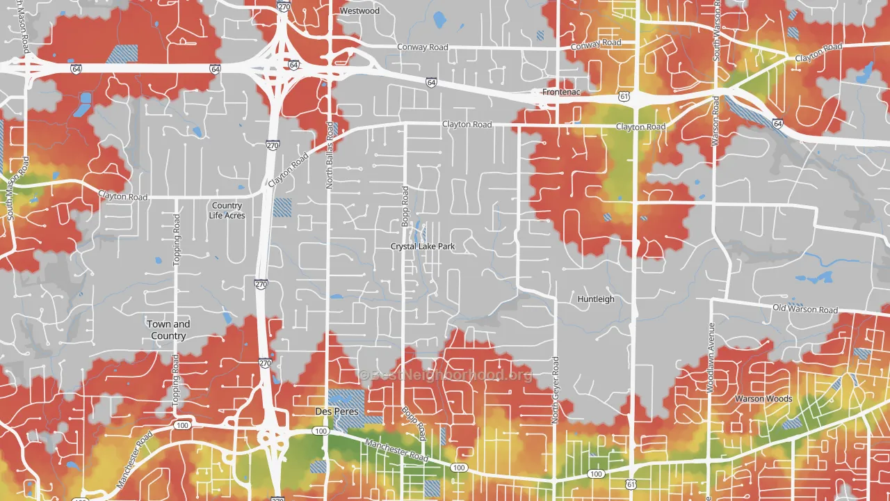 Walk Grade map of Crystal Lake Park, MO, walkable areas in green and car-dependent areas in red