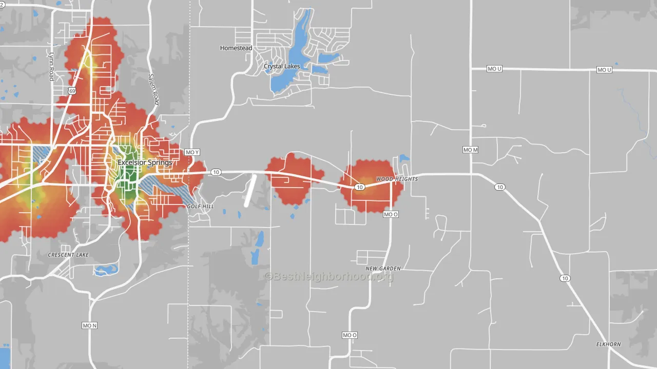 Walk Grade map of Crystal Lakes, MO, walkable areas in green and car-dependent areas in red