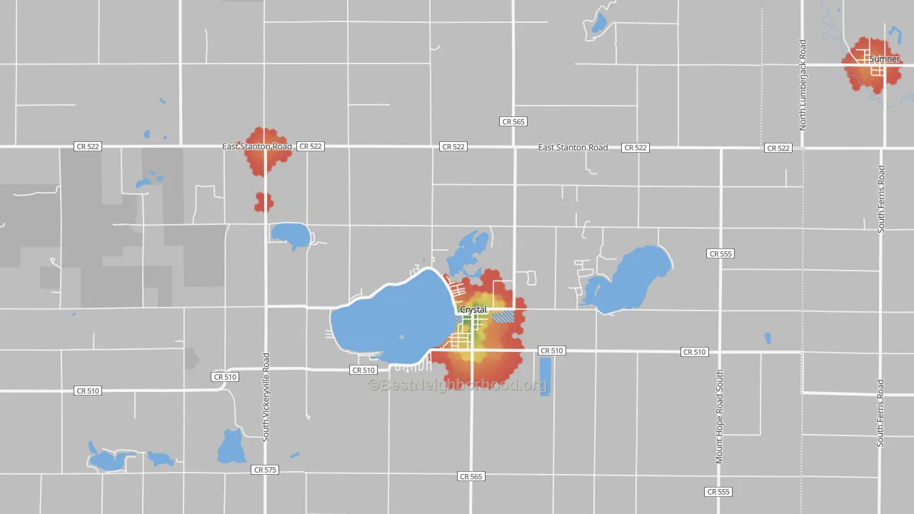 Walk Grade map of Crystal, MI, walkable areas in green and car-dependent areas in red