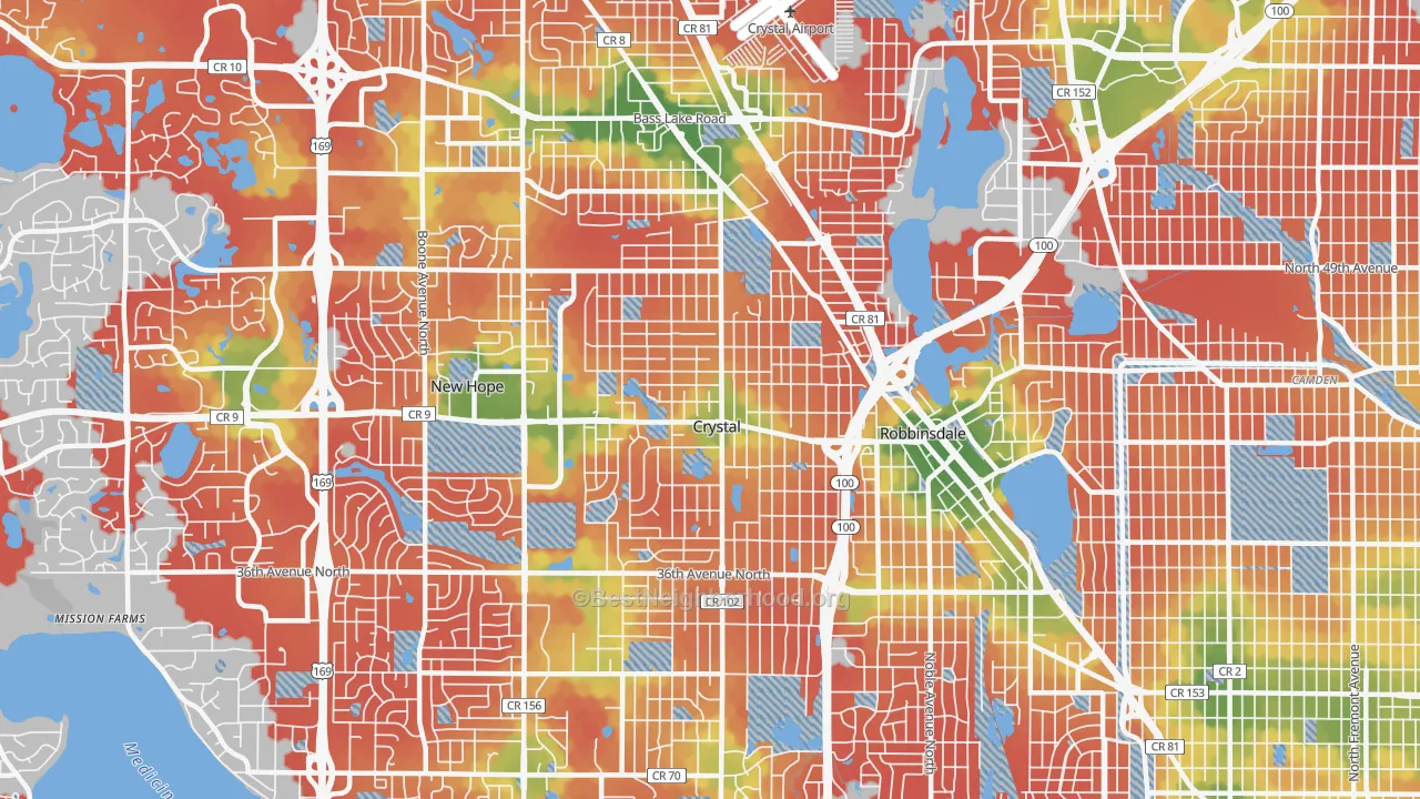 Walk Grade map of Crystal, MN, walkable areas in green and car-dependent areas in red