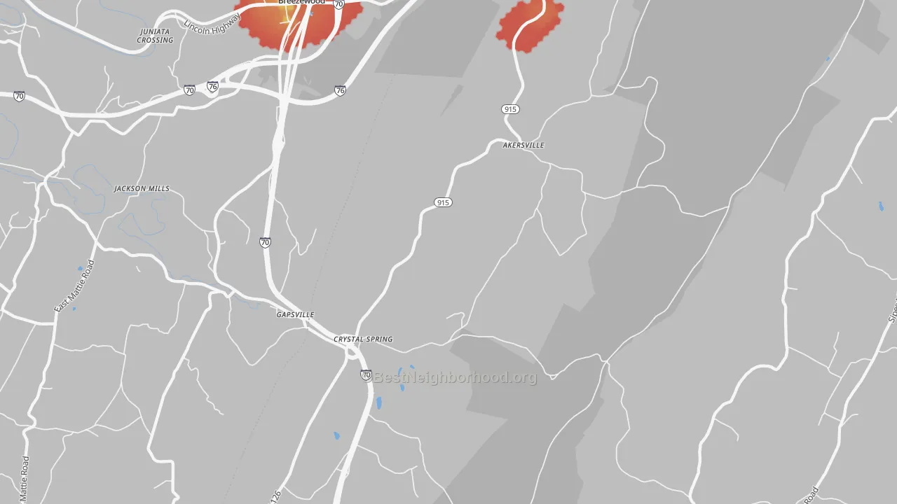 Walk Grade map of Crystal Spring, PA, walkable areas in green and car-dependent areas in red