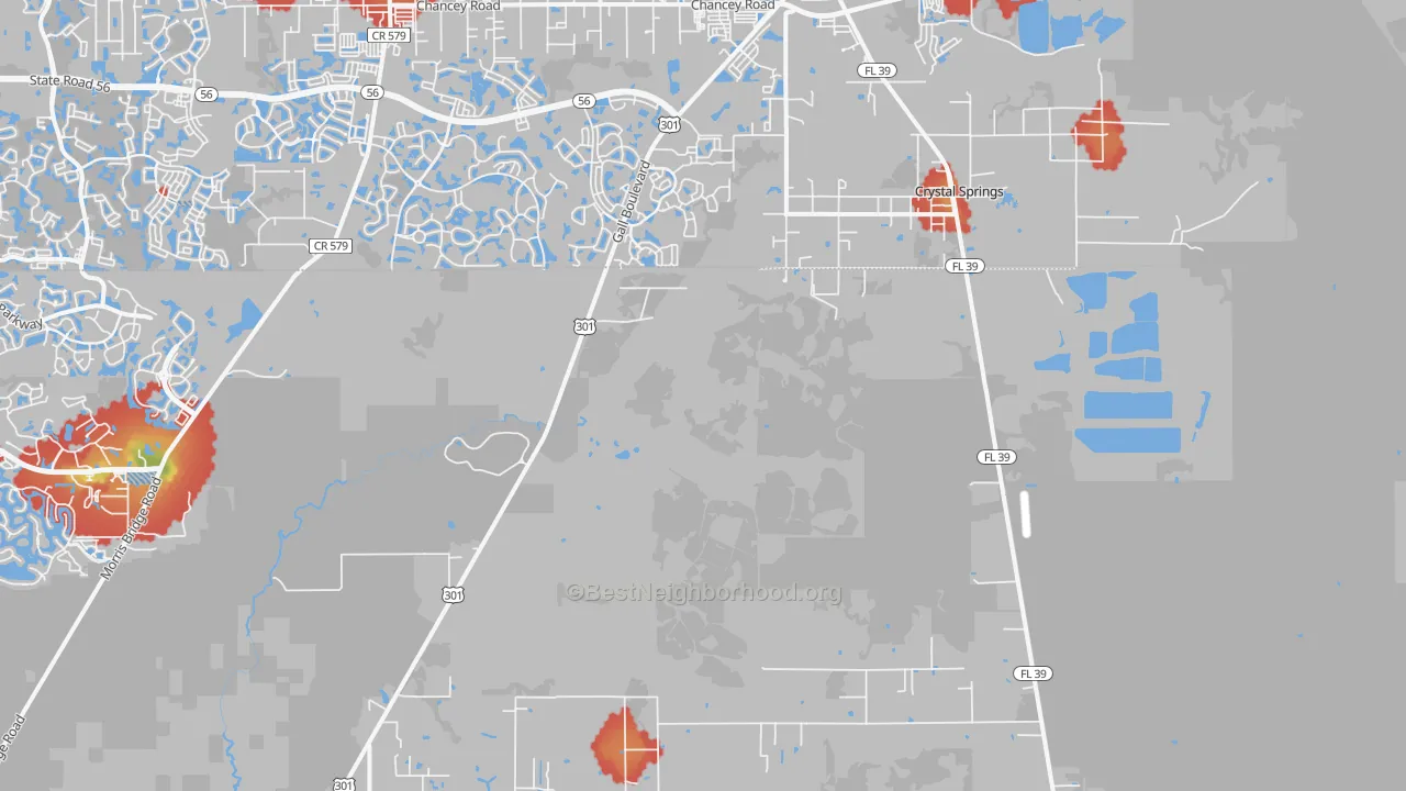 Walk Grade map of Crystal Springs, FL, walkable areas in green and car-dependent areas in red