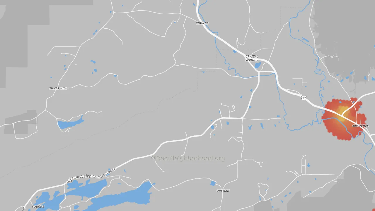 Walk Grade map of Crystal Springs, GA, walkable areas in green and car-dependent areas in red