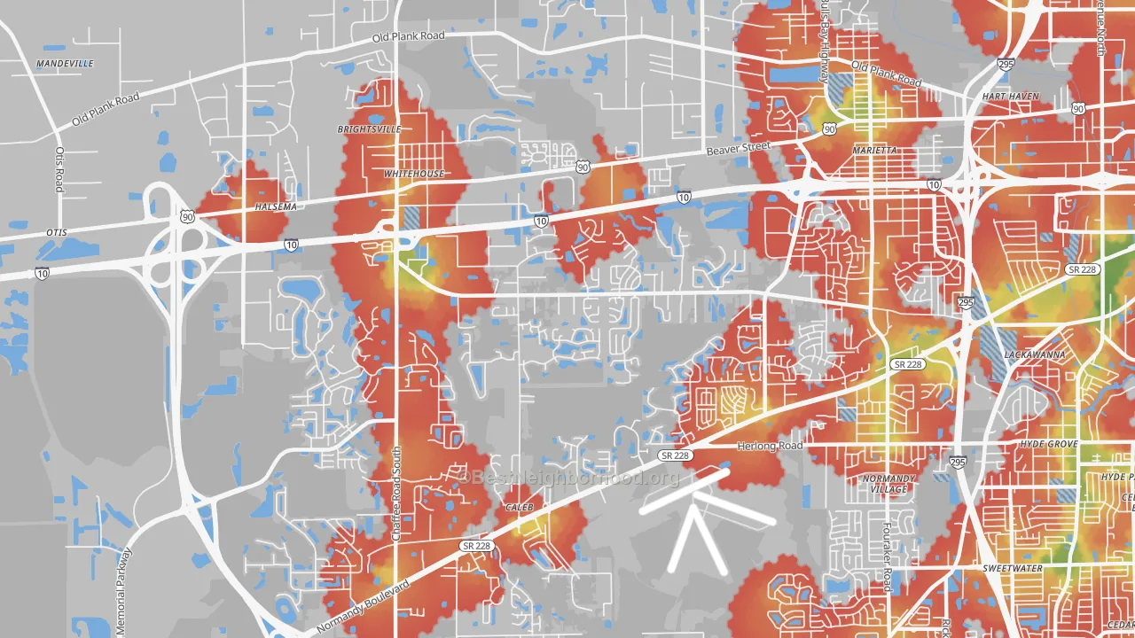 Walk Grade map of Crystal Springs, Jacksonville, FL, walkable areas in green and car-dependent areas in red