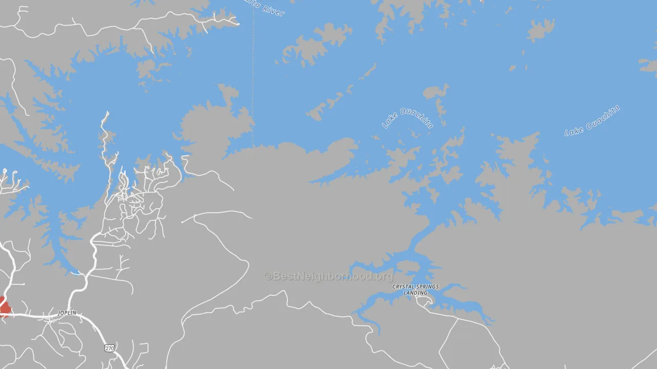 Walk Grade map of Crystal Springs Landing, AR, walkable areas in green and car-dependent areas in red