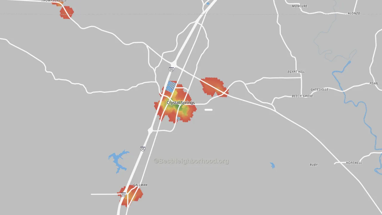 Walk Grade map of Crystal Springs, MS, walkable areas in green and car-dependent areas in red
