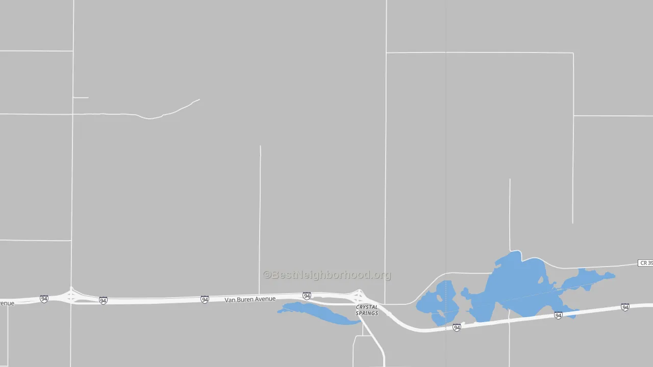 Walk Grade map of Crystal Springs, ND, walkable areas in green and car-dependent areas in red