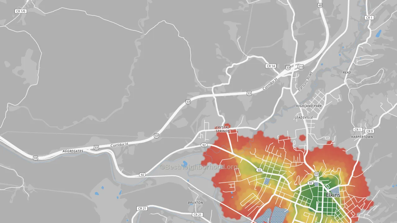 Walk Grade map of Crystal Springs, WV, walkable areas in green and car-dependent areas in red