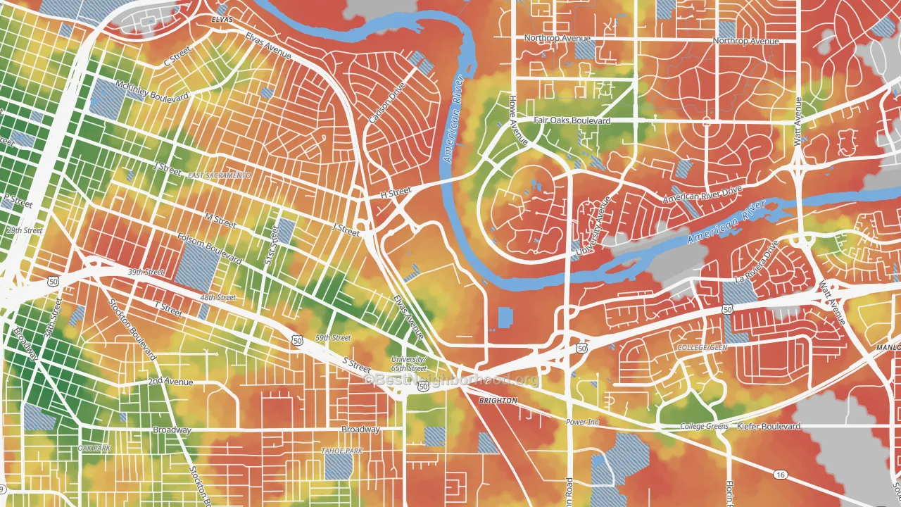 Walk Grade map of Csus, Sacramento, CA, walkable areas in green and car-dependent areas in red