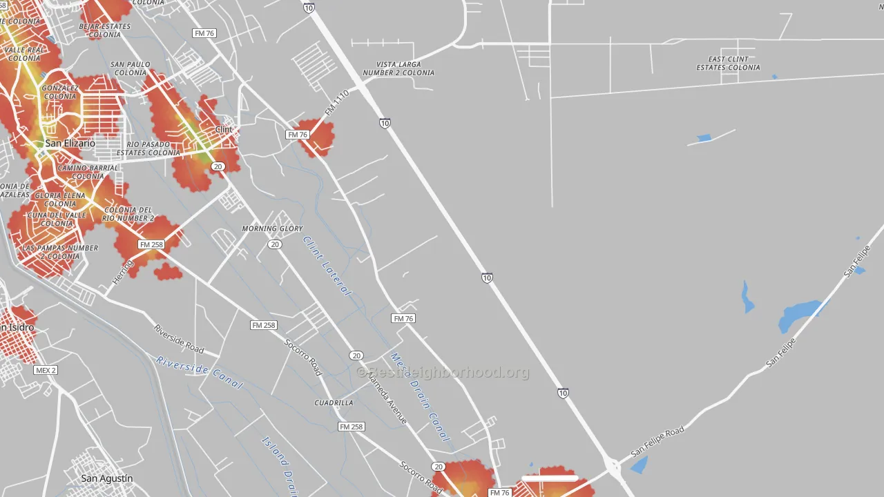 Walk Grade map of Cuadrilla, TX, walkable areas in green and car-dependent areas in red
