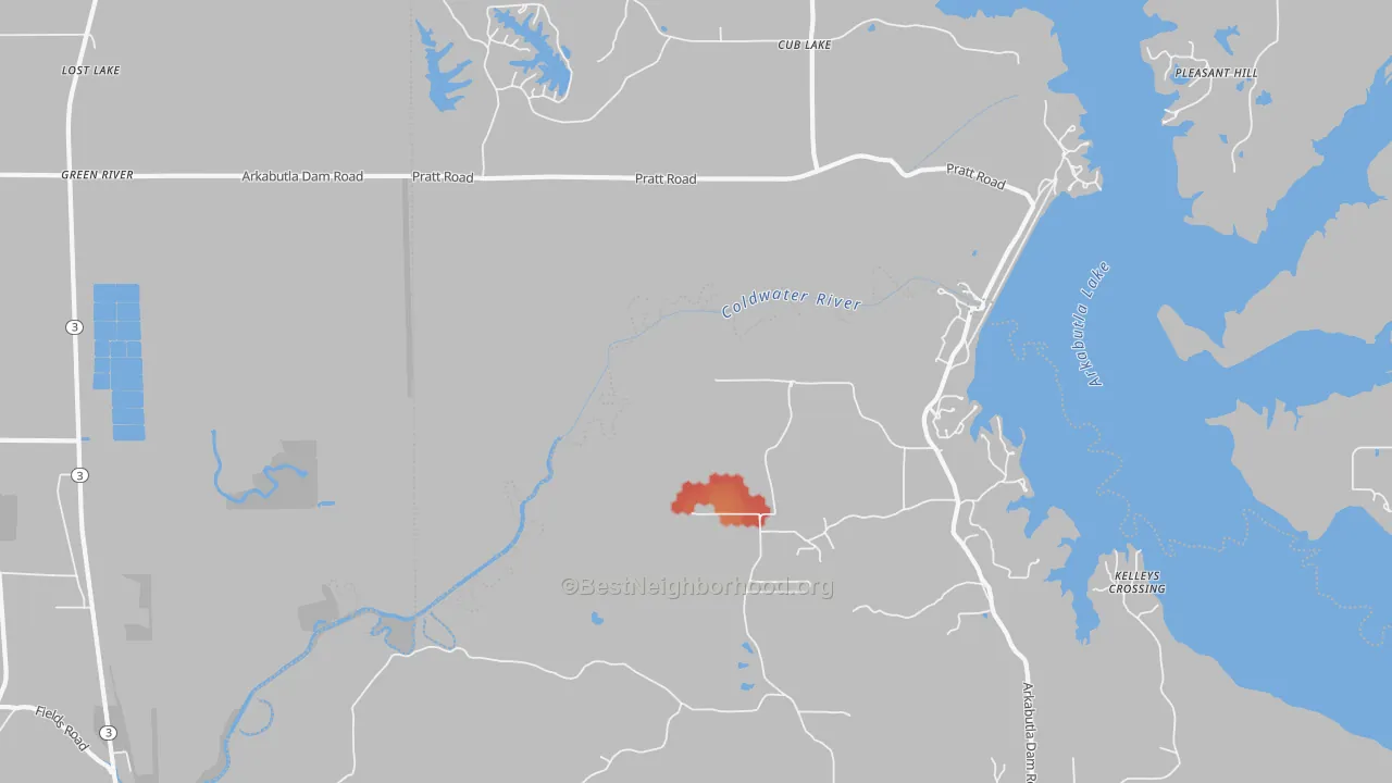 Walk Grade map of Cub Lake, MS, walkable areas in green and car-dependent areas in red